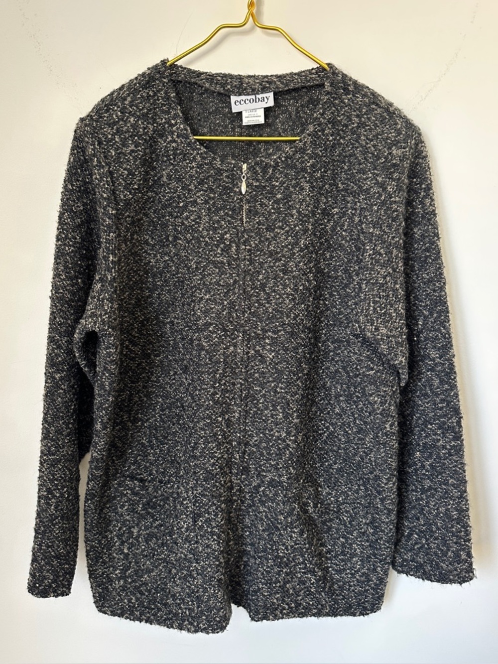 Vintage Eccobay Gray Marled Knit Zip Front Pocket Sweater Jacket Women’s Size XL